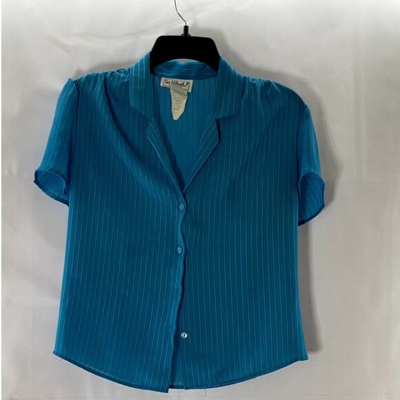 SO WHAT! Of California Women's Blue Striped V-Neck Button-Up Blouse SZ M - Picture 2 of 7